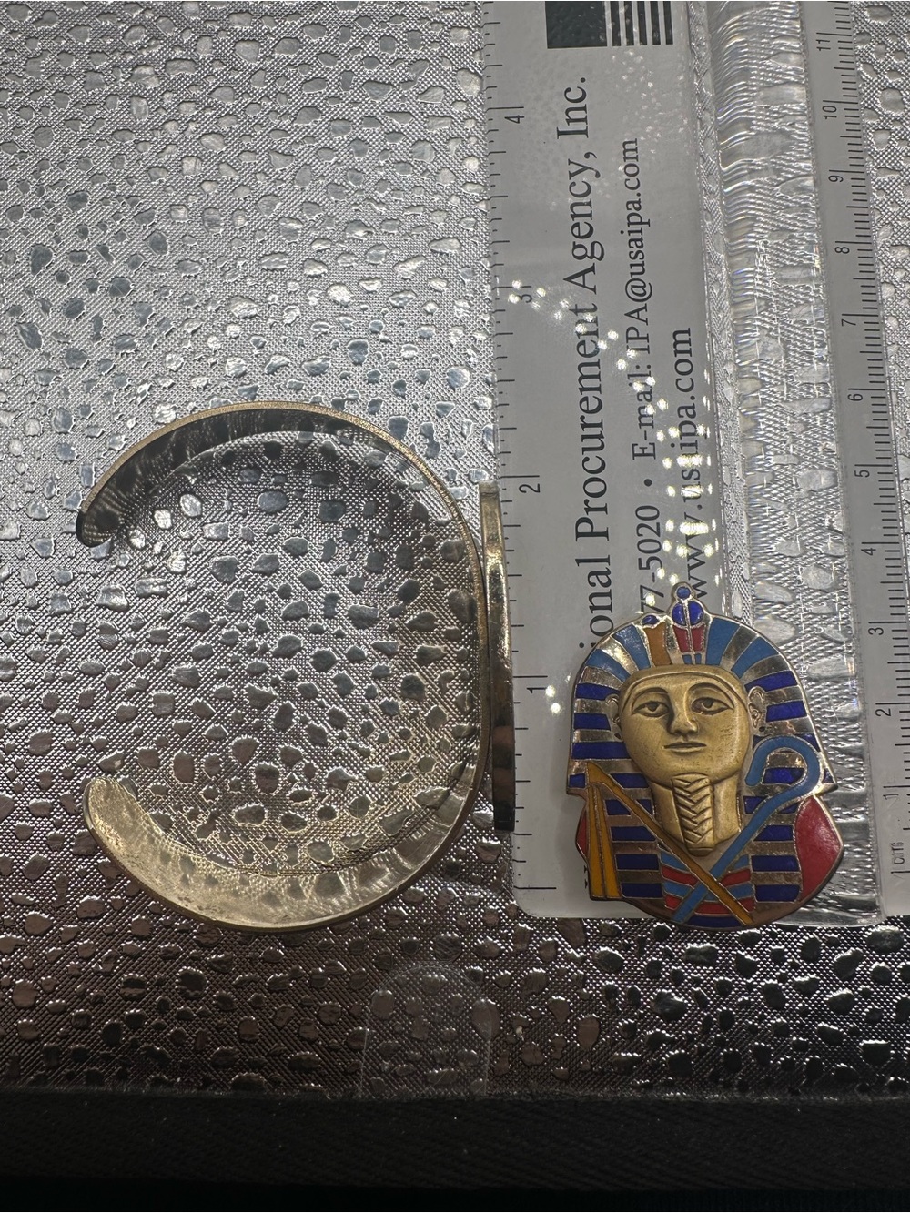 Egyptian Pharaoh Enamel Pendant with Gold-Tone Cuff Bracelet